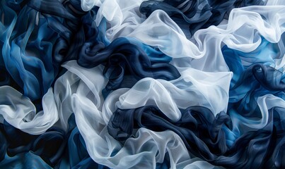 Wall Mural - of abstract background of blue and white smoky fabric in scattered form with black strands on dark background