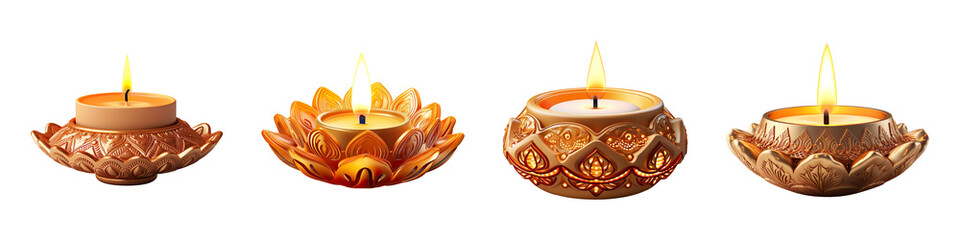 Collection set of Diwali Diya Candles isolated on transparent background