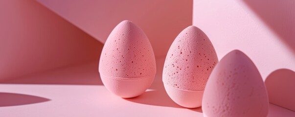 Pink beauty blender surrounded by delicate flowers on a pastel pink background. Free Copy space for text.