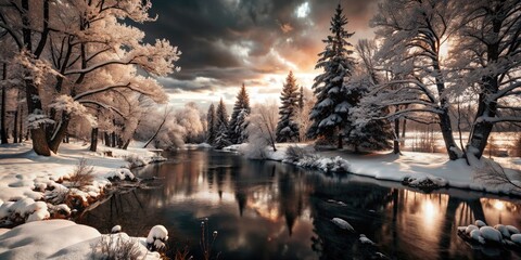 Snow-covered landscape with a serene river and trees.