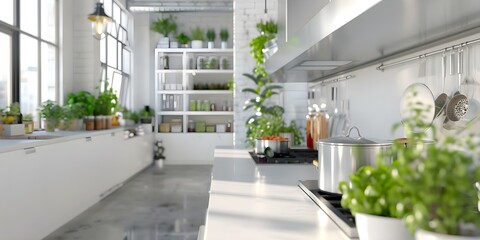 Wall Mural - Greenery-Filled Modern Kitchen in a Loft-Style Interior. Concept Modern Kitchen Design, Loft-Style Interiors, Greenery Decor, Functional Layout, Natural Light Integration