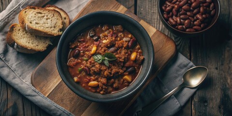 Canvas Print - Hearty bowl of chili with beans and fresh herbs.