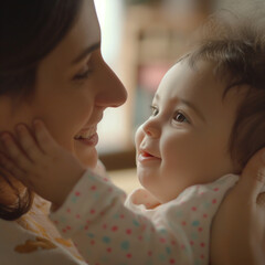 happy mother with her little daughter at home, focus on the face