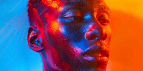 Wall Mural - Vibrant portrait of a young man in colorful lighting