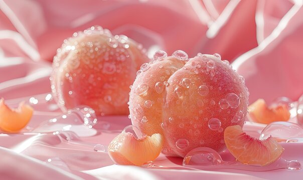 Sweet, juicy peaches in dewdrops.