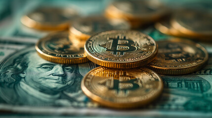 
bitcoin currency coins Arranged on a U.S. dollar bill.