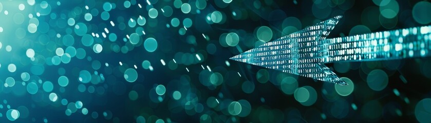 An arrow made from binary code points toward the right on a blue abstract background.