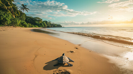 Wall Mural - turtle making its way across a sandy beach towards the ocean,