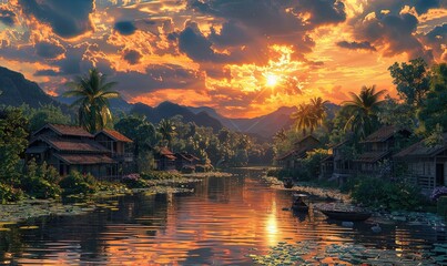 Wall Mural - Old village at sunset by the river