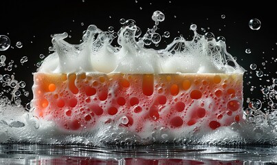 Wall Mural - Soap foam with bubbles and red sponge isolated on black, side view