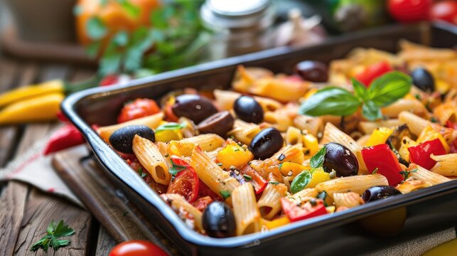 Baked pasta with vibrant olives peppers and tomatoes Vegetable and pasta casserole cooked in a baking pan
