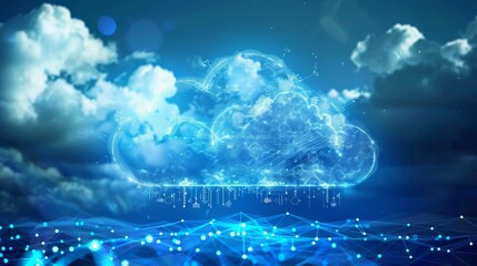 Wall Mural - A digital cloud shape made of glowing particles, symbolizing cloud computing, is pictured against a blue and white cloudy sky.