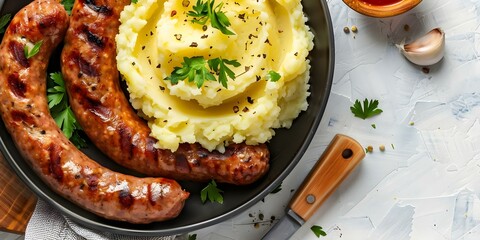 Canvas Print - Sausages and Mashed Potatoes Displayed on a White Background. Concept Food Photography, Culinary Art, Delicious Display, Gourmet Presentation