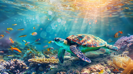 turtle resting on the ocean floor, with colorful fish swimming around it,