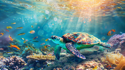 Wall Mural - turtle resting on the ocean floor, with colorful fish swimming around it,