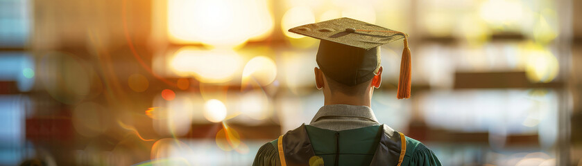 A graduate in a green gown and cap stands with their back turned, contemplating their future amidst a bright, bokeh-filled background.