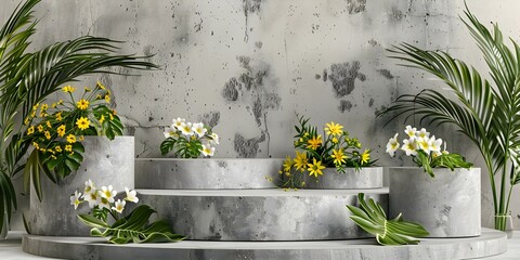 Wall Mural - Elegant Gray Cylindrical Podiums Decorated with Feverfew Flowers, Stone Blocks, and Tropical Leaves. Concept Elegant Decor, Gray Podiums, Feverfew Flowers, Stone Blocks, Tropical Leaves