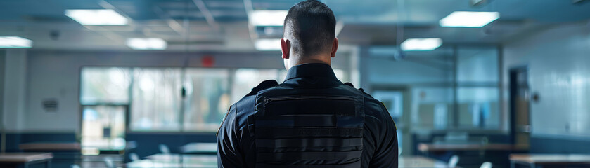 a police officer in uniform stands in a room with several desks and a large window, looking out at s