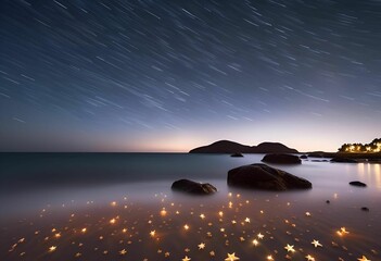 Wall Mural - AI generated illustration of a mesmerizing night sky with star trails over a serene beach