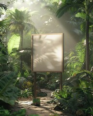 Empty wooden signboard in lush green tropical forest with sunlight filtering through foliage, showcasing nature's beauty and tranquility.