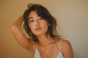 Wall Mural - A close-up portrait of a young woman with long, tousled hair. She is wearing a white top and delicate gold jewelry, looking confidently into the camera.