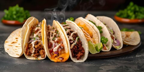 Wall Mural - Explore Mexicos vibrant flavors with images of sizzling tacos quesadillas and enchiladas. Concept Mexican Cuisine, Tacos, Quesadillas, Enchiladas, Food Photography