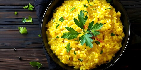 Wall Mural - Iconic Italian dish Milanese risotto with saffron for vibrant color and creamy texture. Concept Risotto Milanese, Italian cuisine, Saffron, Creamy texture, Vibrant color