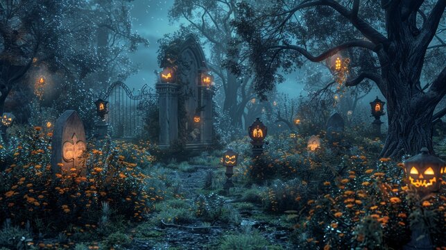 Halloween Graveyard with Glowing Lanterns Digital Background