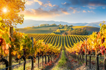 Wall Mural - A picturesque vineyard with lush grapevines, highlighting the fruitful bounty of the autumn harvest 