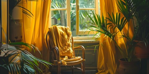 Wall Mural - Yellow Clothes Fill the Room, Chair by Window with Potted Plant. Concept Colorful Fashion, Interior Design, Home Decor, Potted Plants, Yellow Clothes