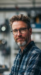 Poster - A man with glasses and a beard standing in front of some machinery. AI.