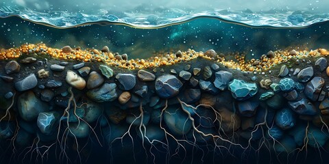 Underwater view of rocks, roots, and sand with water surface above