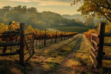 Sticker - A serene vineyard with a rustic wooden fence and rows of grapevine, capturing the harvests timeless beauty 