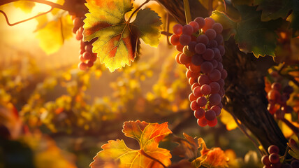 Wall Mural - A vibrant vineyard with a sunlit grape cluster and turning foliage, symbolizing the autumn harvests richness 