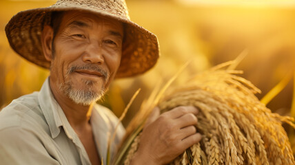 Sticker - Agricultural expert analyzing sunlit rice stalks in a golden field during the autumn harvest season 