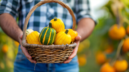 Wall Mural - Agronomist holding a basket of vibrant autumn squash in a scenic rural setting during harvest season 