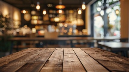 Canvas Print - Focus on empty wood table with blurred coffee shop background for photo montage or product display