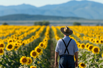 Wall Mural - Smallholder gathering golden sunflowers in a scenic field during the vibrant autumn harvest season 