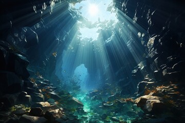 Wall Mural - seabed, sharp rocks, sunlight penetrating from the surface of the water into the depths, view from the seabed