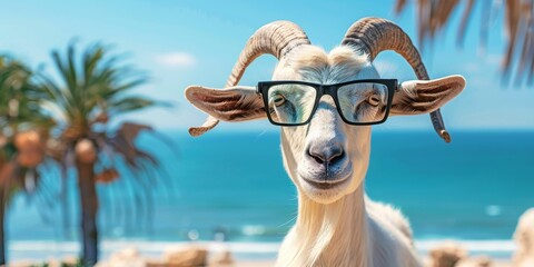 Goat with glasses on the background of the beach with the sea with copyspace. Summer beach holiday concept