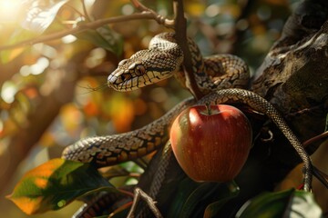 A snake consumes an apple hanging from a tree branch, highlighting the predator-prey relationship between these two species