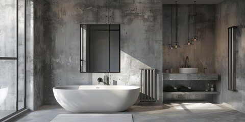 Wall Mural - This bathroom features a stylish bath, an elegant basin and a functional mirror. The design is contemporary in style with concrete elements