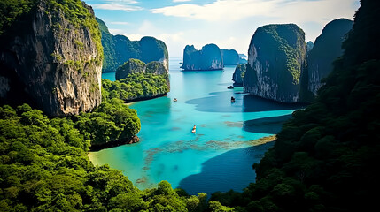 A boat is floating in the ocean near a beach.