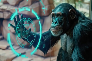 Advanced biometric scanner capturing the vitals of a chimpanzee in a hightech wildlife refuge