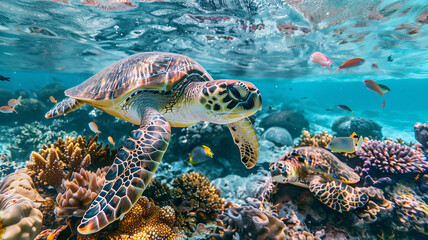 Wall Mural - turtle underwater near a vibrant coral reef, with colorful fish swimming by,