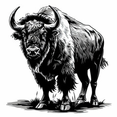 A black and white drawing of a bison standing in the grass