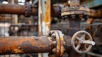 Close up of industrial pipeline and valve with blurred background in old rusted fuel plant setting with space for text