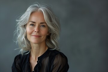 Smiling Middle-Aged Woman in Black Blouse on Gray Background