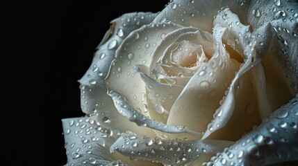 Sticker - Macro photograph of aged white rose with raindrops on black background artistic close up of detailed bloom