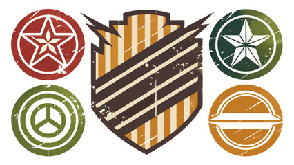 a collection of five circular emblems, each featuring a different design and color scheme. In the center, there is an emblem with a shield shape, divided diagonally into two sections